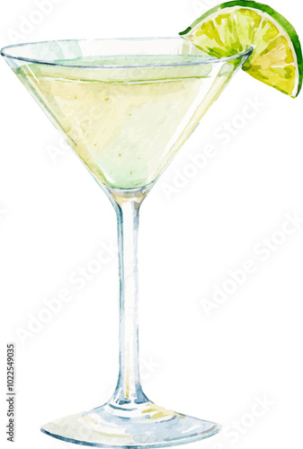 Watercolor vector Gin lemony illustration. Alcohol long drink clipart. Glass of cocktail. Club shake beverage hand drawn illustration. Stock print.