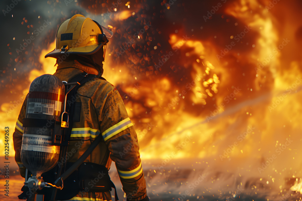 Fototapeta premium A brave firefighter, wearing protective gear, confronts a massive blaze, embodying courage amidst the chaos of flames and smoke.