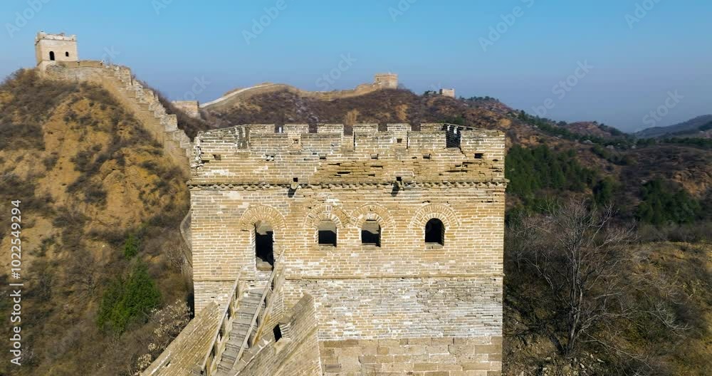 Well-Preserved Watchtower Of The Great Wall Of Jinshanling In Luanping, Beijing China. Aerial Drone Shot Well-Preserved Watchtower Of The Great Wall Of Jinshanling In Luanping, Beijing China. Aerial Drone Shot