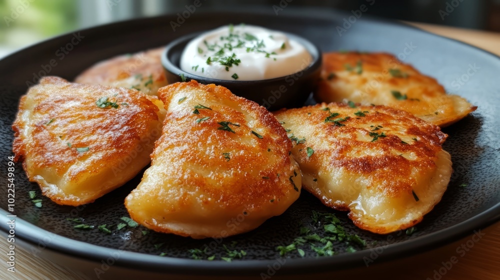 A plate of crispy fried pierogi with sour cream and fresh parsley. A plate of crispy fried pierogi with sour cream and fresh parsley.