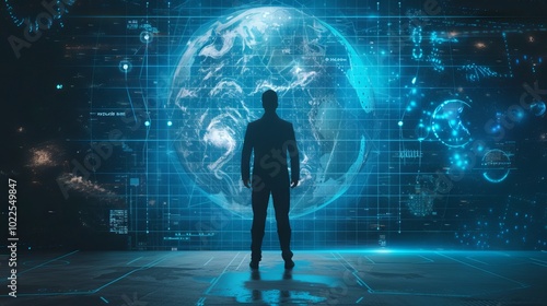 Businessman showcasing futuristic metaverse technology with digital innovation graphics, highlighting advancements in virtual business processing and modern technology trends