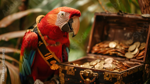 Parrot adorned in a pirate costume, overlooks a treasure map and a small chest filled with gold coins on a rustic wooden perch. Treasure hunt adventure in exotic lands