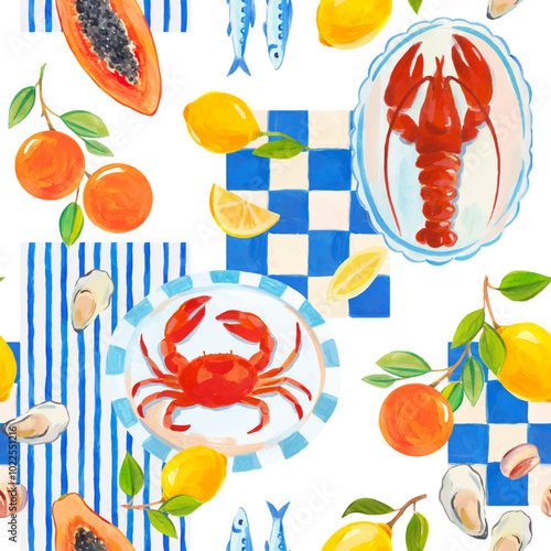 Beautiful vector seamless Summer Vacation Seamless pattern. Greek pattern with sardines, lemon, oysters, mussels, papaya, lobster and crab. Mediterranean bright print. Greek style.