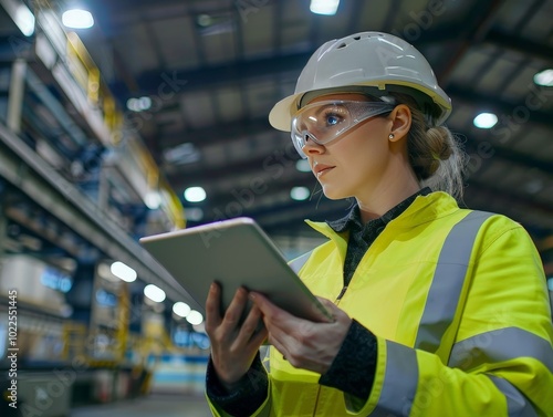 Female Worker Examining Data on Tablet in Industrial Setting