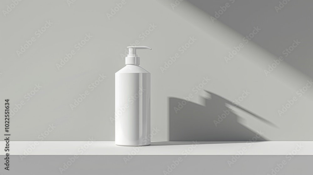 White Pump Bottle on a White Shelf with a Shadow White Pump Bottle on a White Shelf with a Shadow