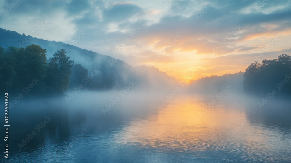 Fototapeta premium Majestic river with fog rolling over the surface at dawn