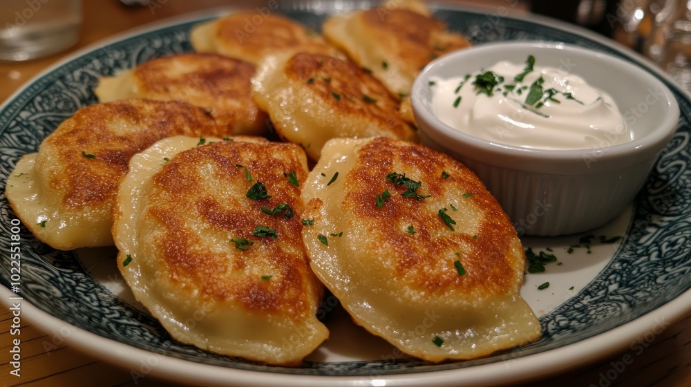 A plate of golden brown pierogies with a side of sour cream and parsley. A plate of golden brown pierogies with a side of sour cream and parsley.