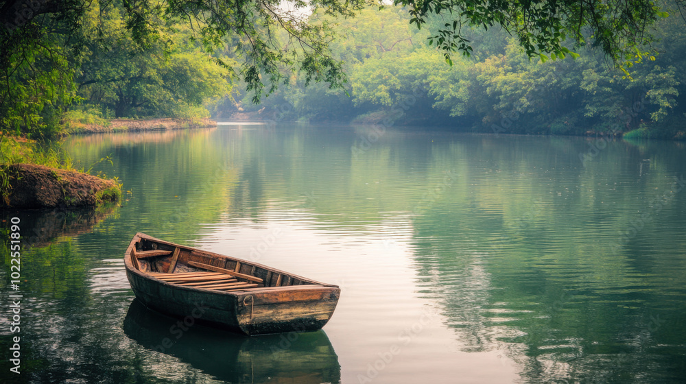 Fototapeta premium Scenic view of a tranquil river with a small wooden boat floating gently