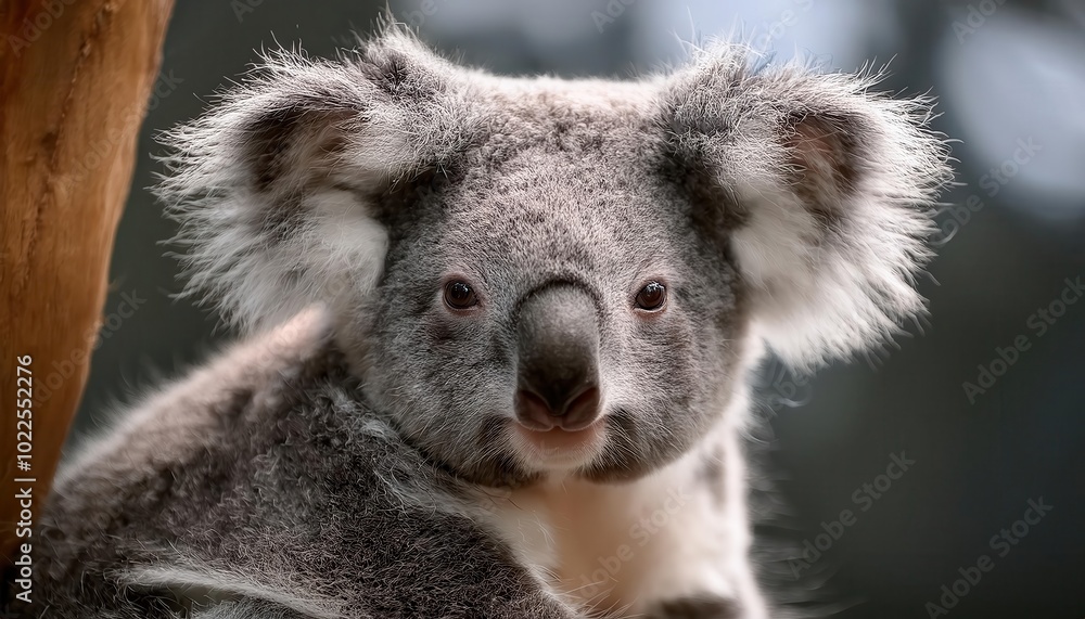Naklejka premium Close-up Portrait of a Koala Bear with Fluffy Ears and Soft Grey Fur Gazing Into the Camera Against a Blurred Natural Background