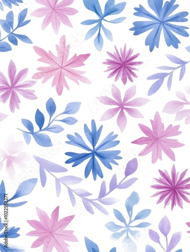 Seamless pattern of hand-drawn, pastel-colored snowflakes on a white background