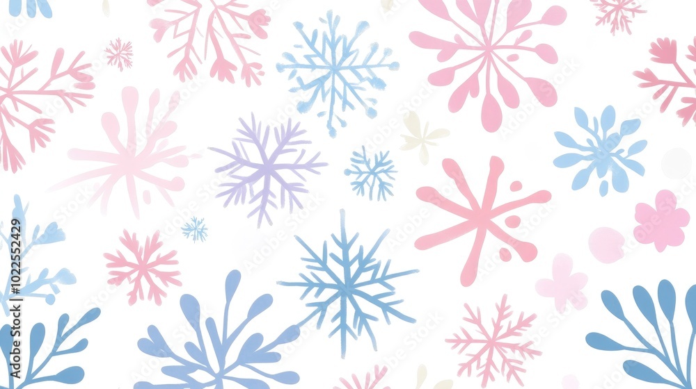 Seamless pattern of hand-drawn, pastel-colored snowflakes on a white background Seamless pattern of hand-drawn, pastel-colored snowflakes on a white background
