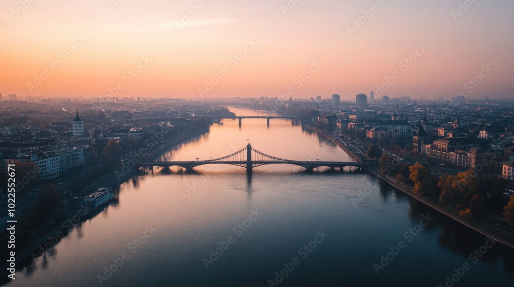 Obraz premium A bridge spanning across a wide river with a cityscape in the distance