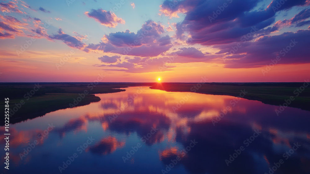 Fototapeta premium Colorful sunset over a river with dramatic sky reflections on the water