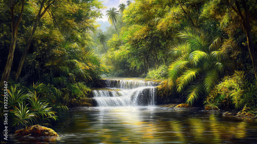 A peaceful river scene with a small waterfall and lush vegetation along the banks A peaceful river scene with a small waterfall and lush vegetation along the banks