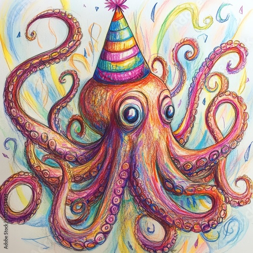 Octopus Cheerful Birthday Hat Coloring Illustration by Children's Handwriting, Fun and Quirky photo