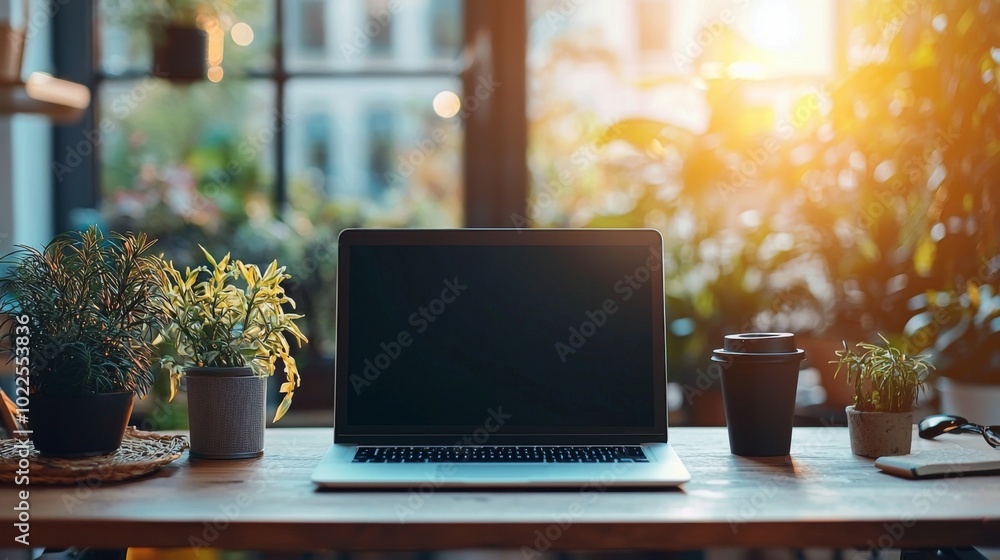 Remote work lifestyle with a laptop and coffee on a cozy home office desk Remote work lifestyle with a laptop and coffee on a cozy home office desk