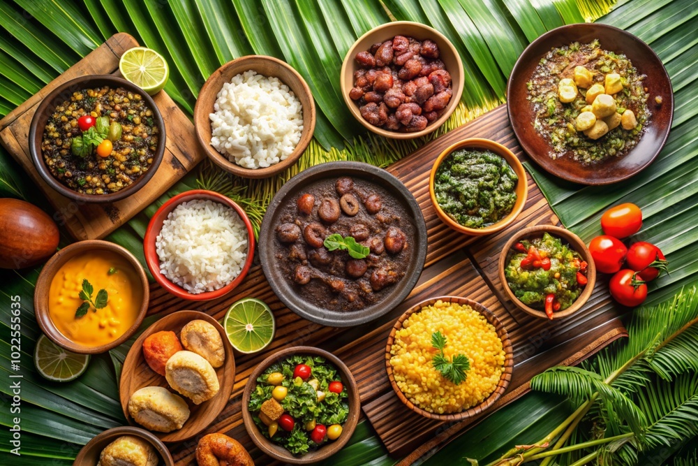 A table full of food with a variety of dishes including rice, beans