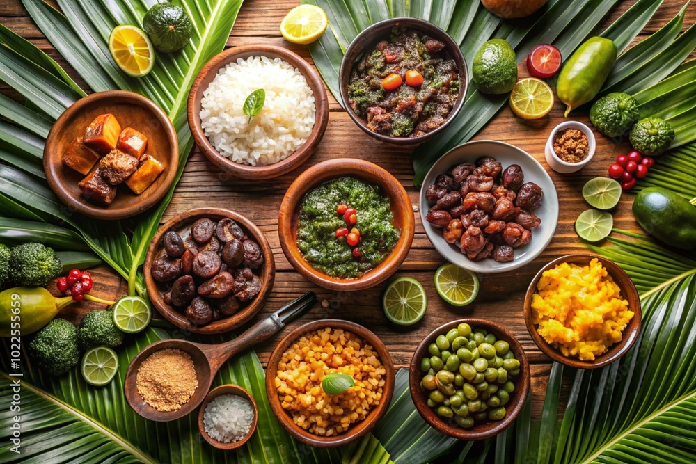 A table full of food with a variety of dishes including rice, beans A table full of food with a variety of dishes including rice, beans