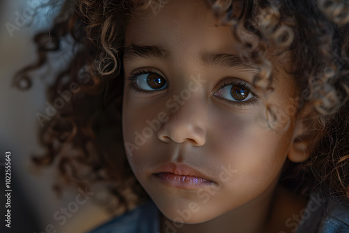 Wallpaper Mural A close-up portrait of a young child with curly hair and expressive brown eyes, creating a thoughtful and captivating mood. Torontodigital.ca