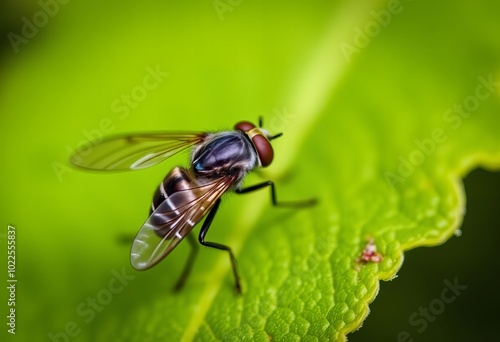  fly on a leaf with a blue and black body.