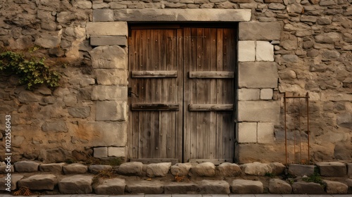 wooden block wall with a door photo