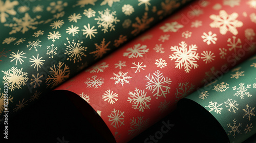 Festive wrapping paper featuring red and green with intricate snowflake patterns perfect for holiday gift wrapping and celebrations