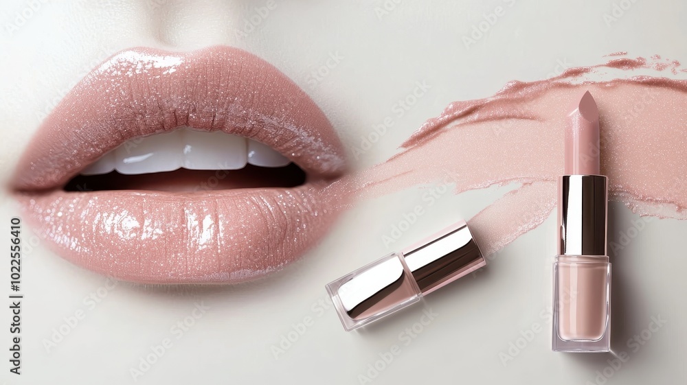 Obraz premium Beige nude tone lipstick make up isolated on a studio background,natural Liquid lipsticks,makeup cosmetic lips, product mockup for beauty fashion business,sale,swatch color,template.