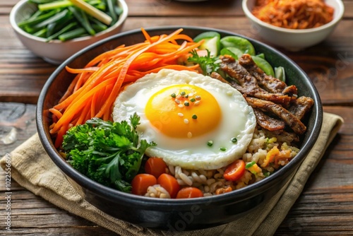 A bowl of food with a fried egg and carrots