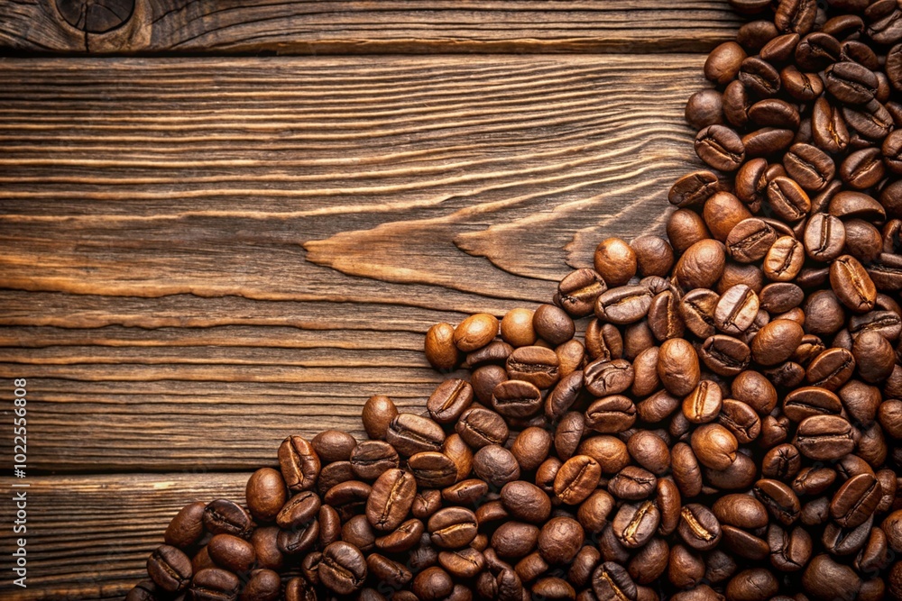 Fototapeta premium A pile of coffee beans on a wooden surface