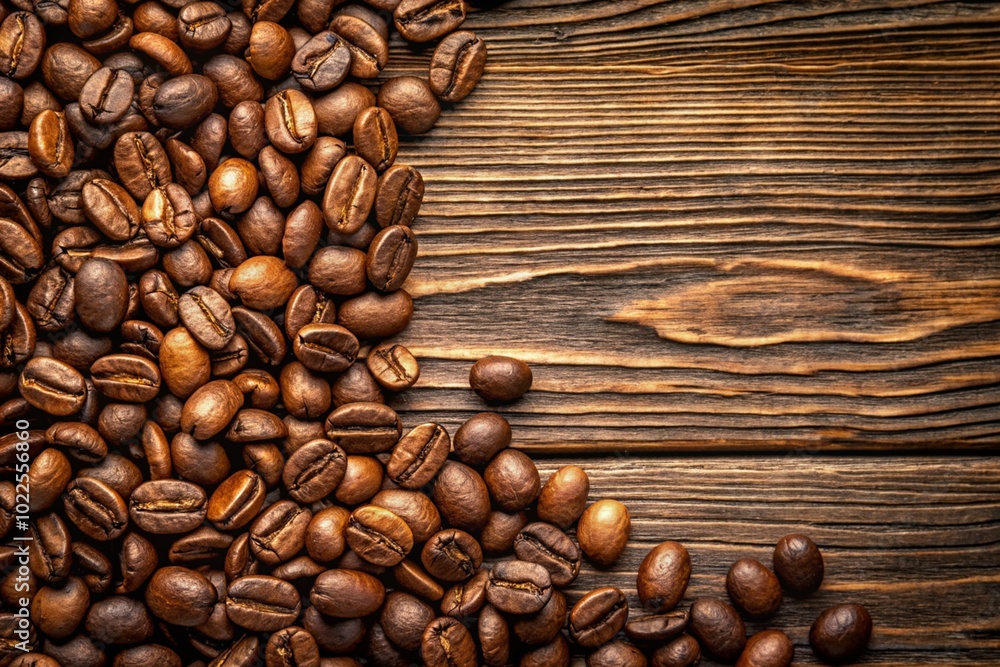 A pile of coffee beans on a wooden surface A pile of coffee beans on a wooden surface