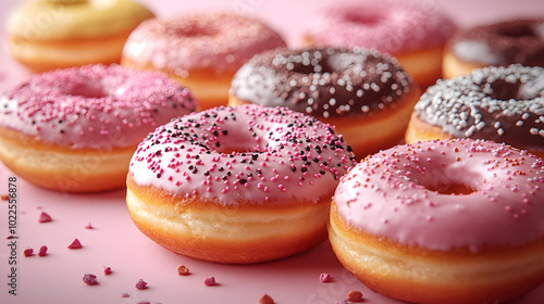 Doughnuts on a pastel pink background, a beautiful composition of colorful, glazed doughnuts with sprinkles. 