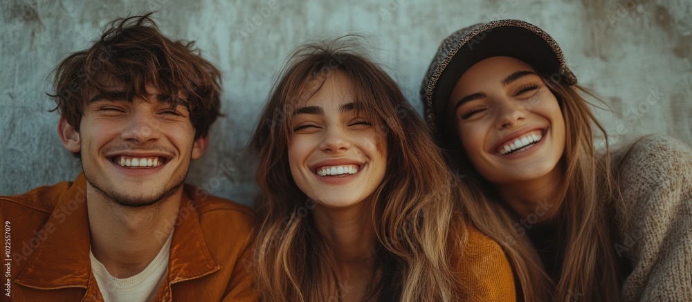 Three friends smiling together, with the man on the left wearing a brown jacket. Three friends smiling together, with the man on the left wearing a brown jacket.