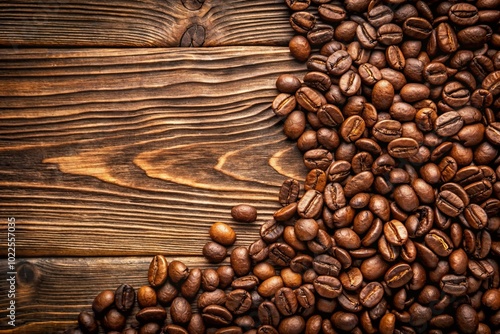 A pile of coffee beans on a wooden surface