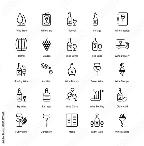 Winery Icons Set – Elegant Collection Featuring Vineyard, Wine Bottles, Glasses, Barrels, Grapes, and Wine Tasting Elements for Wine-Related Projects, Branding, and Promotional Designs