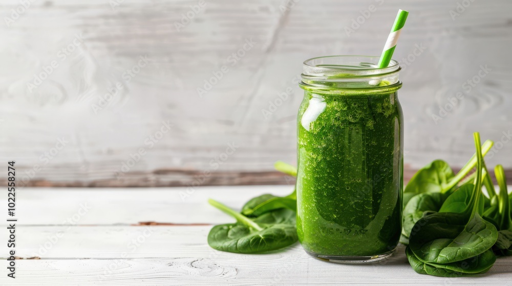 Refreshing Spinach Smoothie on White Wooden Background Refreshing Spinach Smoothie on White Wooden Background