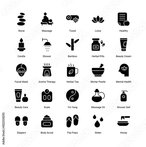 SPA Icons Set – Relaxing Collection of Spa Elements Including Massage, Aromatherapy, Skincare, Lotus, Towels, Candles, and Wellness Treatments for Spa Branding and Self-Care Projects