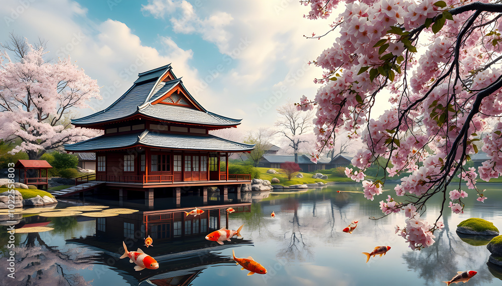 Obraz premium Japanese Garden with Koi Pond and Cherry Blossoms.