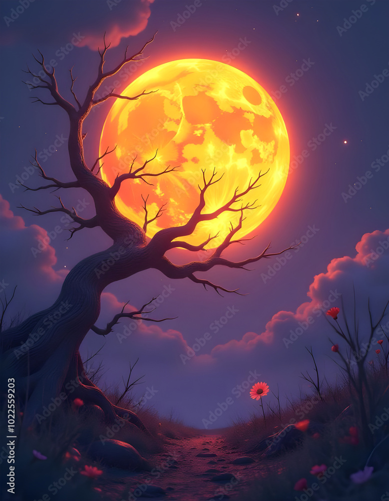 Glowing full moon with silhouetted trees and a path Glowing full moon with silhouetted trees and a path