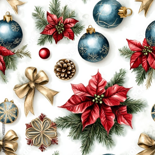 Seamless Christmas background with poinsetias, balls, fir branch, bows and ribbons photo