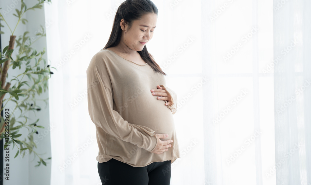 Pregnant asian woman holds hands on belly touching her baby caring about her health Beautiful happy pregnant woman tender mood photo of pregnancy. Pregnant asian woman holds hands on belly touching her baby caring about her health Beautiful happy pregnant woman tender mood photo of pregnancy.