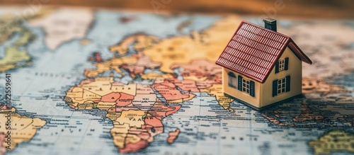 Fototapeta Naklejka Na Ścianę i Meble -  Miniature house model on a world map, representing real estate, global travel, or home ownership.