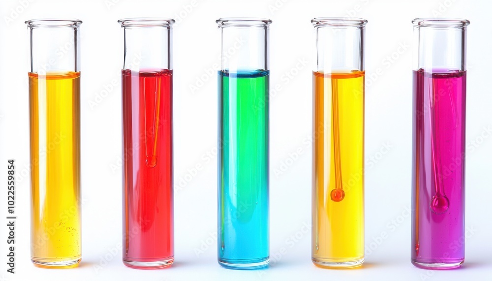 Five test tubes filled with colorful liquids, showcasing different vibrant colors for scientific experiments or demonstrations. Five test tubes filled with colorful liquids, showcasing different vibrant colors for scientific experiments or demonstrations.