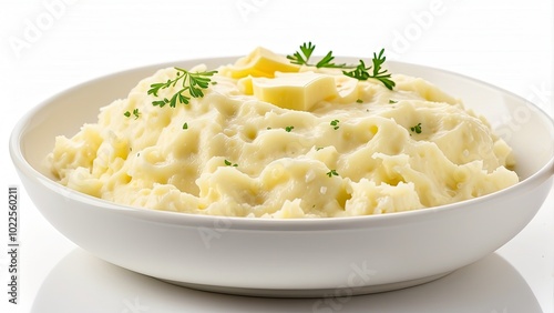  A plate of creamy garlic mashed potatoes with a pat of butter melting on top, isolated on white background.