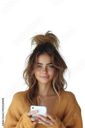 Woman uses mobile phone isolate on white background, png cut out.