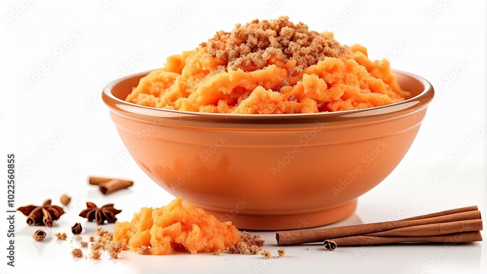 A serving of fluffy mashed sweet potatoes with a sprinkle of cinnamon and brown sugar, isolated on white background A serving of fluffy mashed sweet potatoes with a sprinkle of cinnamon and brown sugar, isolated on white background