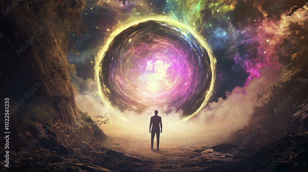 Silhouette of man facing cosmic portal Silhouette of man facing cosmic portal