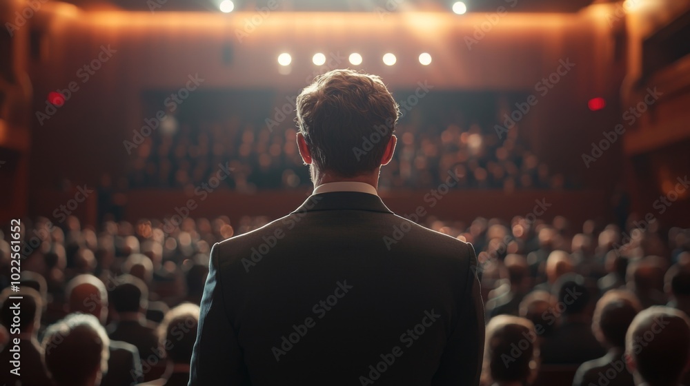A business executive giving a presentation in front of a large corporate audience A business executive giving a presentation in front of a large corporate audience