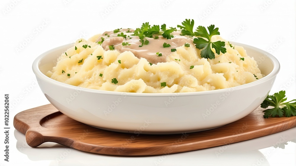 A dish of smooth mashed potatoes with gravy poured over, garnished with chopped parsley, isolated on white background A dish of smooth mashed potatoes with gravy poured over, garnished with chopped parsley, isolated on white background