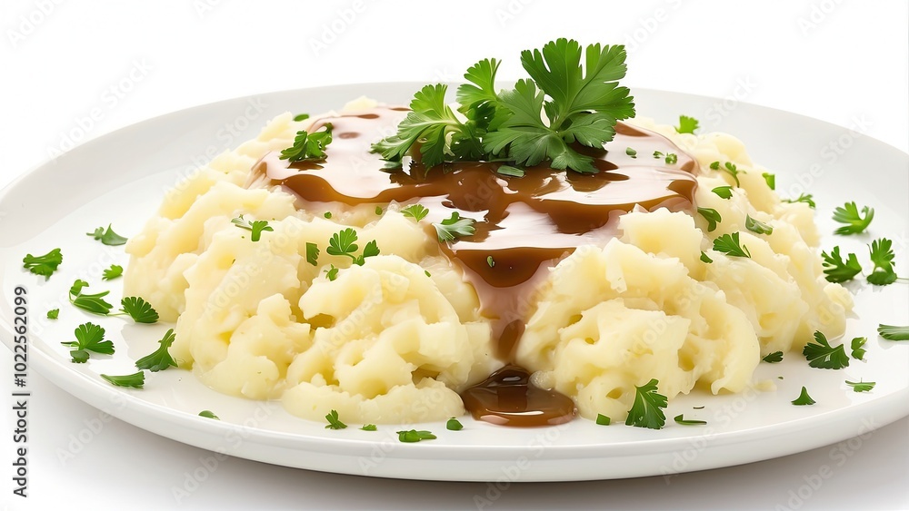 A dish of smooth mashed potatoes with gravy poured over, garnished with chopped parsley, isolated on white background A dish of smooth mashed potatoes with gravy poured over, garnished with chopped parsley, isolated on white background