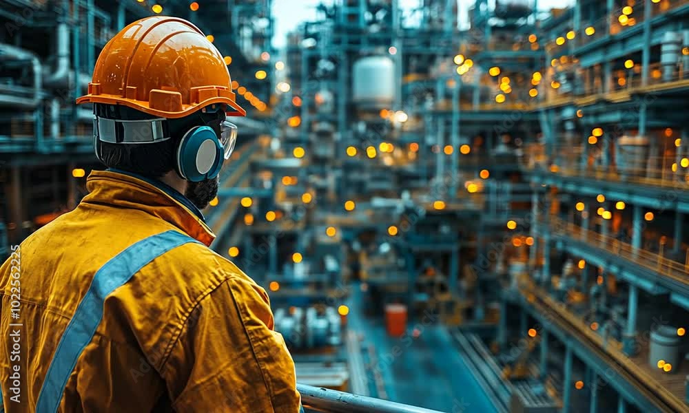 Worker observing an industrial facility with glowing lights. Worker observing an industrial facility with glowing lights.